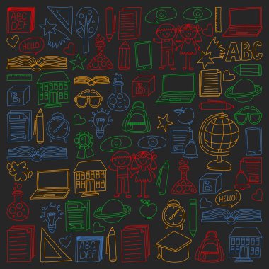 Vektör doodle tarzı ortaokul simgeler kümesi. Kağıda yazı tahtası üzerinde boyalı, renkli, Resimler.