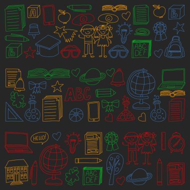 Vektör doodle tarzı ortaokul simgeler kümesi. Kağıda yazı tahtası üzerinde boyalı, renkli, Resimler.