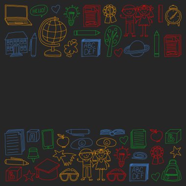 Vektör doodle tarzı ortaokul simgeler kümesi. Kağıda yazı tahtası üzerinde boyalı, renkli, Resimler.