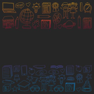 Vektör doodle tarzı ortaokul simgeler kümesi. Bir parça tahta boyalı, renkli, degrade resimleri