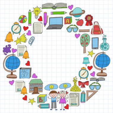 Vektör doodle tarzı ortaokul simgeler kümesi. Boyalı, renkli, beyaz bir arka plan üzerinde Kareli kağıt üzerine bir.