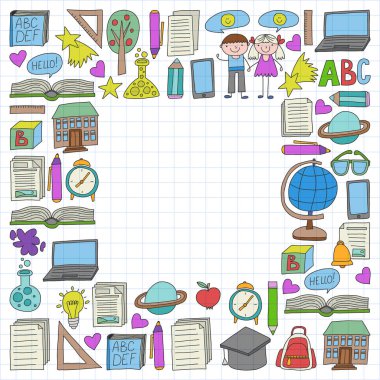 Vektör doodle tarzı ortaokul simgeler kümesi. Boyalı, renkli, beyaz bir arka plan üzerinde Kareli kağıt üzerine bir.