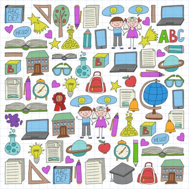 Vektör doodle tarzı ortaokul simgeler kümesi. Boyalı, renkli, beyaz bir arka plan üzerinde Kareli kağıt üzerine bir.
