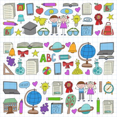 Vektör doodle tarzı ortaokul simgeler kümesi. Boyalı, renkli, beyaz bir arka plan üzerinde Kareli kağıt üzerine bir.