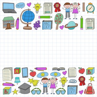 Vektör doodle tarzı ortaokul simgeler kümesi. Boyalı, renkli, beyaz bir arka plan üzerinde Kareli kağıt üzerine bir.