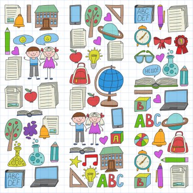 Vektör doodle tarzı ortaokul simgeler kümesi. Boyalı, renkli, beyaz bir arka plan üzerinde Kareli kağıt üzerine bir.