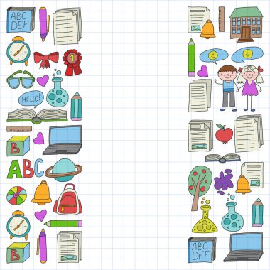 Vektör doodle tarzı ortaokul simgeler kümesi. Boyalı, renkli, beyaz bir arka plan üzerinde Kareli kağıt üzerine bir.