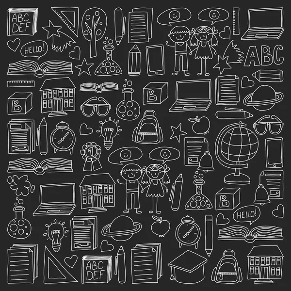 Vektör doodle tarzı ortaokul simgeler kümesi. Boyalı, siyah siyah-beyaz tebeşir resimler bir kara tahta üzerinde.
