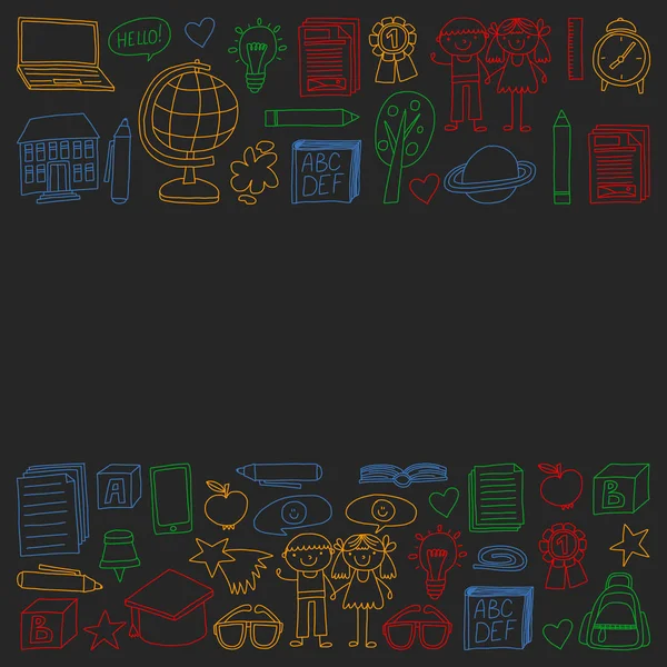 Vector set of secondary school icons in doodle style. Painted, colorful, pictures on a piece of paper on blackboard. — Stock Vector