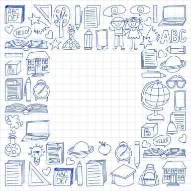Vektör doodle tarzı ortaokul simgeler kümesi. Boyalı, beyaz bir arka plan üzerinde Kareli kağıt üzerine bir kalemle çizilmiş.