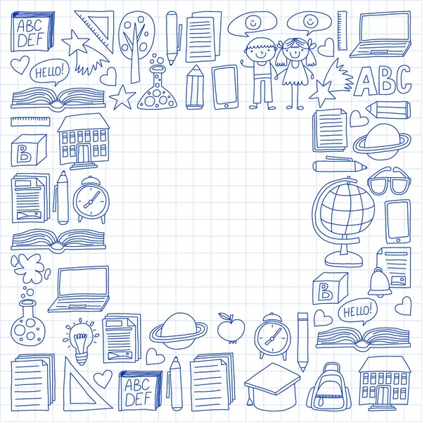 Vektör doodle tarzı ortaokul simgeler kümesi. Boyalı, beyaz bir arka plan üzerinde Kareli kağıt üzerine bir kalemle çizilmiş.