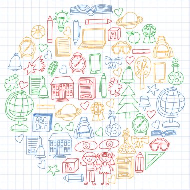 Vektör doodle tarzı ortaokul simgeler kümesi. Beyaz bir arka plan üzerinde Kareli kağıt üzerine bir boyalı, renkli, Resimler.