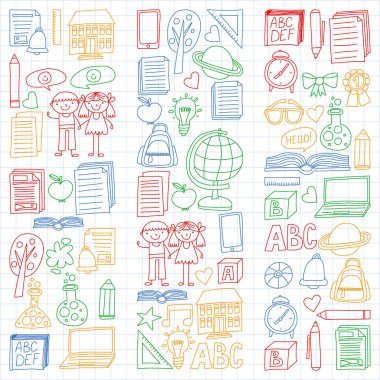 Vektör doodle tarzı ortaokul simgeler kümesi. Beyaz bir arka plan üzerinde Kareli kağıt üzerine bir boyalı, renkli, Resimler.