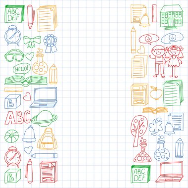 Vektör doodle tarzı ortaokul simgeler kümesi. Beyaz bir arka plan üzerinde Kareli kağıt üzerine bir boyalı, renkli, Resimler.