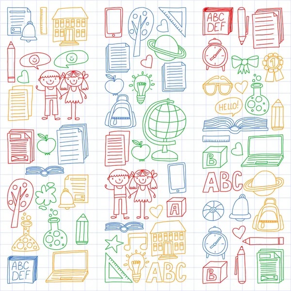 Vektor sadu ikon středních škol ve stylu doodle. Malované, barevné, obrázky na pestré papíru na bílém pozadí. — Stockový vektor