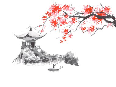 Geleneksel Japon sumi tablosu. Fuji dağı, sakura, gün batımı. Japon güneşi. Hint mürekkebi çizimi. Japonca resim.