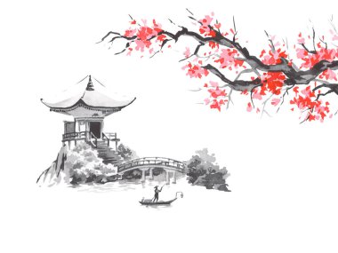 Geleneksel Japon sumi tablosu. Fuji dağı, sakura, gün batımı. Japon güneşi. Hint mürekkebi çizimi. Japonca resim.