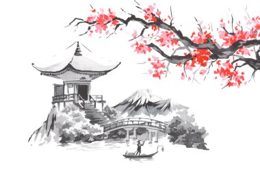 Geleneksel Japon sumi tablosu. Fuji dağı, sakura, gün batımı. Japon güneşi. Hint mürekkebi çizimi. Japonca resim.