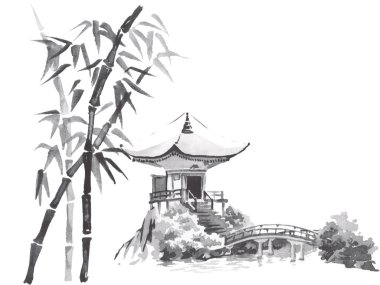Geleneksel Japon sumi tablosu. Fuji dağı, sakura, gün batımı. Japon güneşi. Hint mürekkebi çizimi. Japonca resim.