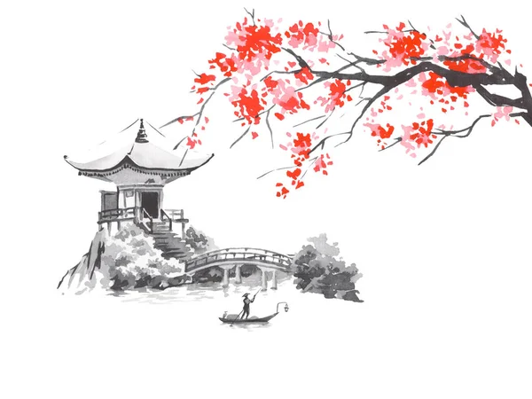 Japan traditional sumi-e painting. Fuji mountain, sakura, sunset. Japan sun. Indian ink illustration. Japanese picture.