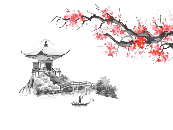 Japan traditional sumi-e painting. Fuji mountain, sakura, sunset. Japan sun. Indian ink illustration. Japanese picture.