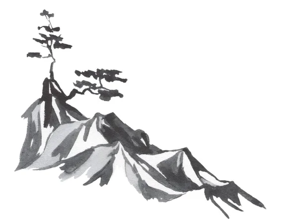 Japan traditional sumi-e painting. Fuji mountain, sakura, sunset. Japan sun. Indian ink illustration. Japanese picture.