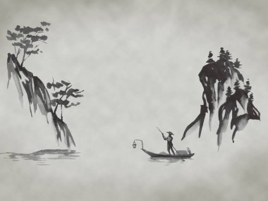 Japonya geleneksel sumi-e boyama. Suluboya ve mürekkep çizim stili sumi-e, u-sin. Fuji Dağı, sakura, günbatımı. Japonya güneş. Hint mürekkebi çizimde. Japon resim.