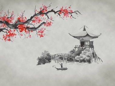 Japonya geleneksel sumi-e boyama. Suluboya ve mürekkep çizim stili sumi-e, u-sin. Fuji Dağı, sakura, günbatımı. Japonya güneş. Hint mürekkebi çizimde. Japon resim.