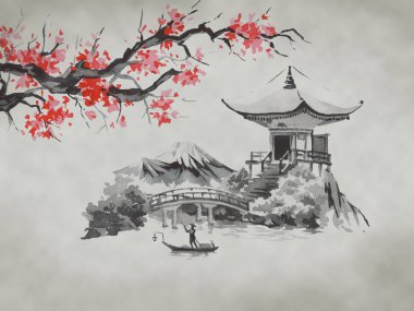 Japonya geleneksel sumi-e boyama. Suluboya ve mürekkep çizim stili sumi-e, u-sin. Fuji Dağı, sakura, günbatımı. Japonya güneş. Hint mürekkebi çizimde. Japon resim.