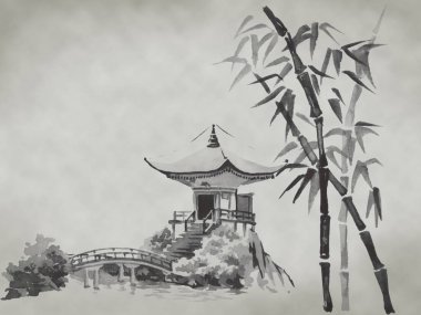 Japonya geleneksel sumi-e boyama. Suluboya ve mürekkep çizim stili sumi-e, u-sin. Fuji Dağı, sakura, günbatımı. Japonya güneş. Hint mürekkebi çizimde. Japon resim.