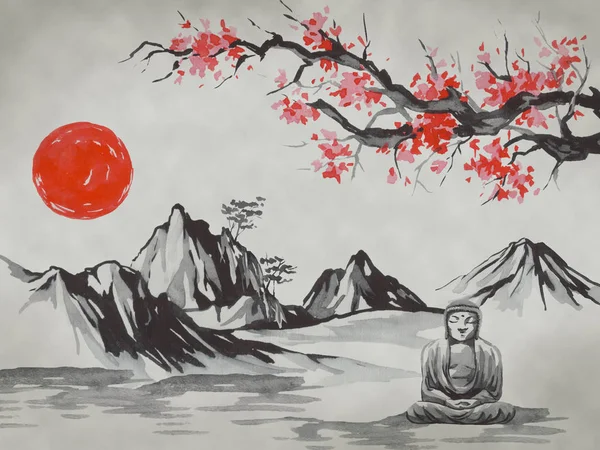 日本传统的相美画。水彩和水墨插图的风格 sumi-e, u-sin。富士山、樱花、日落。日本太阳。印第安墨水例证。日文图片. — 图库照片