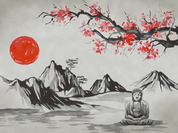 Japon peinture sumi-e traditionnelle. Aquarelle et illustration à l'encre dans le style sumi-e, u-sin. Montagne Fuji, sakura, coucher de soleil. Japon soleil. Illustration encre de Chine. Photo japonaise . — Photo