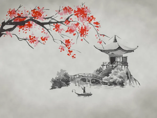 Japan traditional sumi-e painting. Watercolor and ink illustration in style sumi-e, u-sin. Fuji mountain, sakura, sunset. Japan sun. Indian ink illustration. Japanese picture.