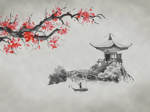 일본 전통 미 그림입니다. 수채화 물감 및 잉크 그림 스타일 sumi-e, u-죄. 후 지 산, 사쿠라, 일몰입니다. 일본 태양입니다. 인도 잉크 그림입니다. 일본 그림. — 스톡 사진