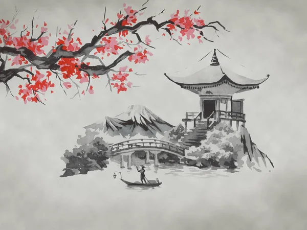 Japan Traditional Sumi Painting Watercolor Ink Illustration Style Sumi Sin — Stock Photo, Image