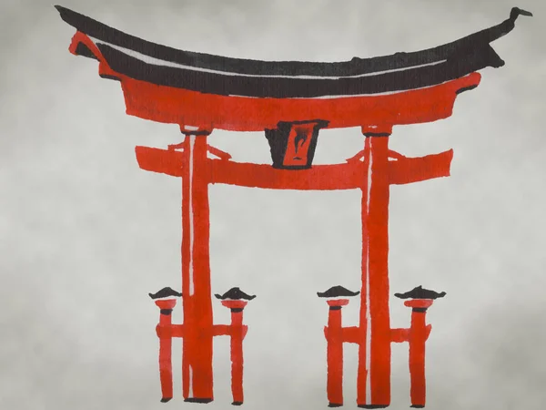 Japan traditional sumi-e painting. Watercolor and ink illustration in style sumi-e, u-sin. Fuji mountain, sakura, sunset. Japan sun. Indian ink illustration. Japanese picture.