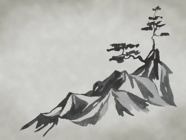 Japonia tradycyjnych sumi-e malarstwo. Ilustracja akwareli i tuszu w stylu sumi-e, u grzech. Góra Fuji, sakura, zachód słońca. Słońce w Japonii. Rysunek tuszem. Japoński obraz. — Zdjęcie stockowe