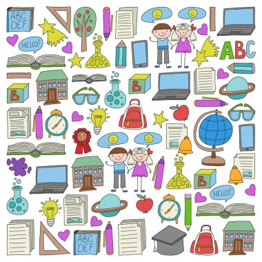 Geri okul simgeleri doodle tarzı vektör kümesi. Kağıda beyaz zemin üzerine boyalı, renkli, Resimler.