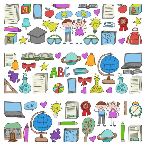 Vector set of Back to School icons in doodle style. Painted, colorful, pictures on a piece of paper on white background. — Stock Vector
