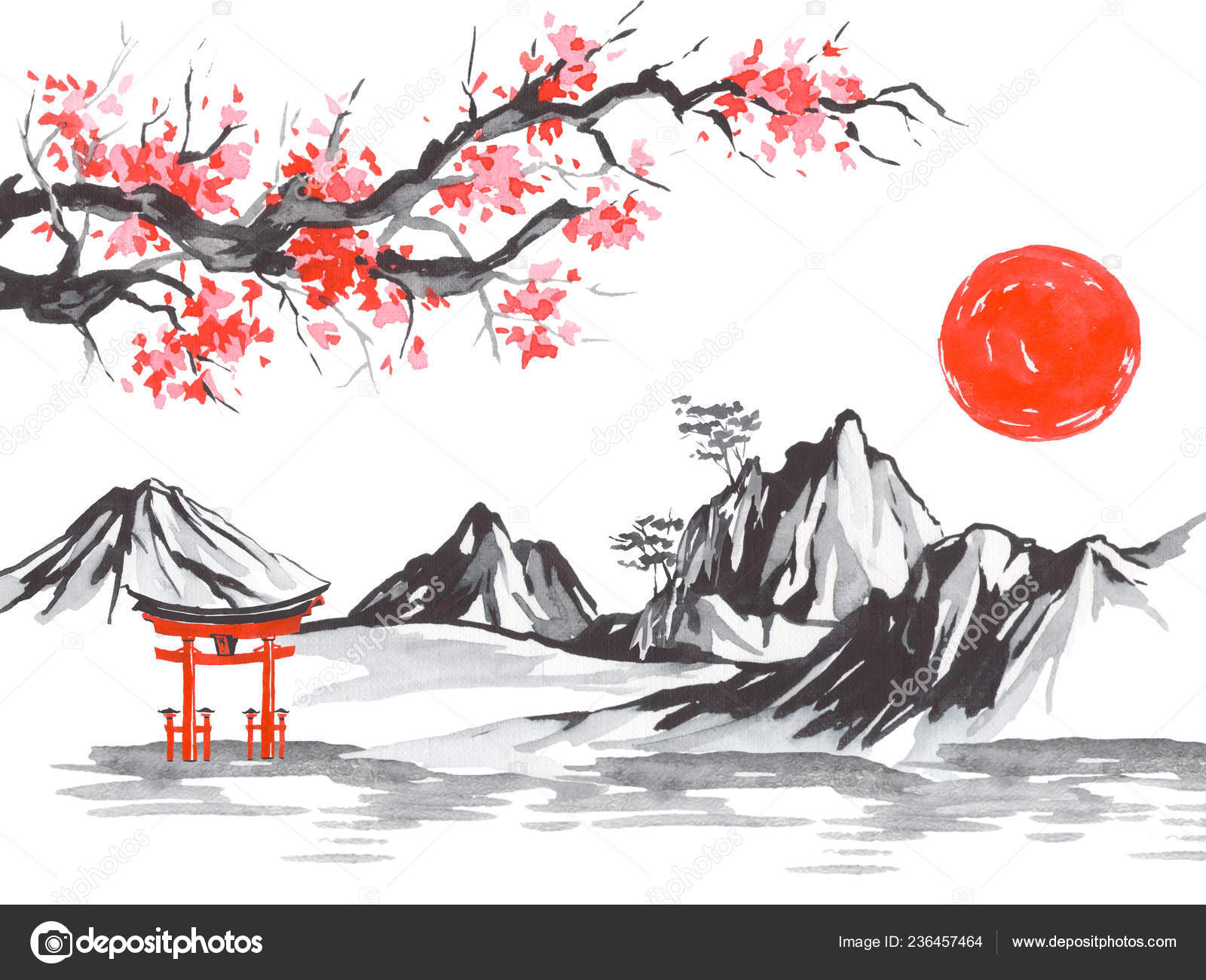 Japan traditionele sumie schilderij. Fuji berg, sakura, zonsondergang