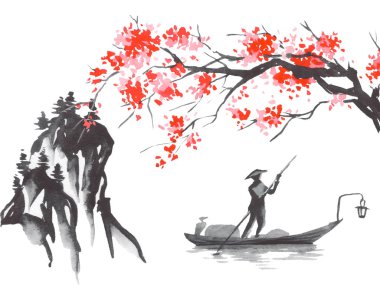 Geleneksel Japon sumi tablosu. Fuji dağı, sakura, gün batımı. Japon güneşi. Hint mürekkebi çizimi. Japonca resim.