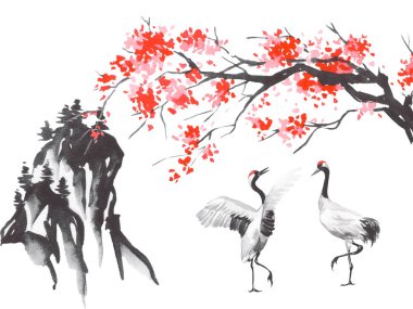 Geleneksel Japon sumi tablosu. Fuji dağı, sakura, gün batımı. Japon güneşi. Hint mürekkebi çizimi. Japonca resim.