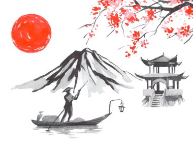Geleneksel Japon sumi tablosu. Fuji dağı, sakura, gün batımı. Japon güneşi. Hint mürekkebi çizimi. Japonca resim.