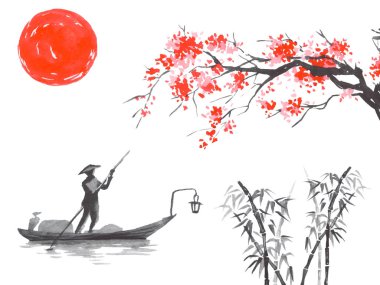 Geleneksel Japon sumi tablosu. Fuji dağı, sakura, gün batımı. Japon güneşi. Hint mürekkebi çizimi. Japonca resim.