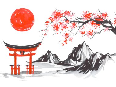 Geleneksel Japon sumi tablosu. Fuji dağı, sakura, gün batımı. Japon güneşi. Hint mürekkebi çizimi. Japonca resim.