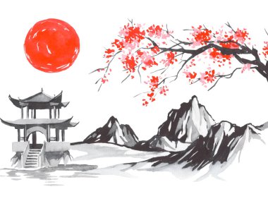Geleneksel Japon sumi tablosu. Fuji dağı, sakura, gün batımı. Japon güneşi. Hint mürekkebi çizimi. Japonca resim.