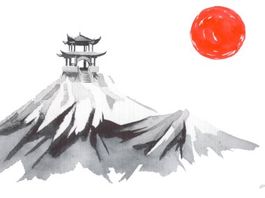 Geleneksel Japon sumi tablosu. Fuji dağı, sakura, gün batımı. Japon güneşi. Hint mürekkebi çizimi. Japonca resim.