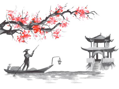 Geleneksel Japon sumi tablosu. Fuji dağı, sakura, gün batımı. Japon güneşi. Hint mürekkebi çizimi. Japonca resim.