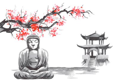 Geleneksel Japon sumi tablosu. Fuji dağı, sakura, gün batımı. Japon güneşi. Hint mürekkebi çizimi. Japonca resim.