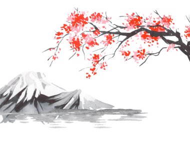 Geleneksel Japon sumi tablosu. Fuji dağı, sakura, gün batımı. Japon güneşi. Hint mürekkebi çizimi. Japonca resim.
